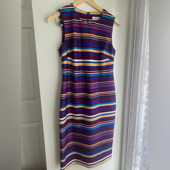 Calvin Klein Sheath Dress Multicolor Stripe Size 6 Women’s Office Business Scuba - Picture 1 of 4